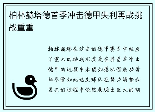 柏林赫塔德首季冲击德甲失利再战挑战重重 柏林赫塔德首季冲击德甲失利再战挑战重重